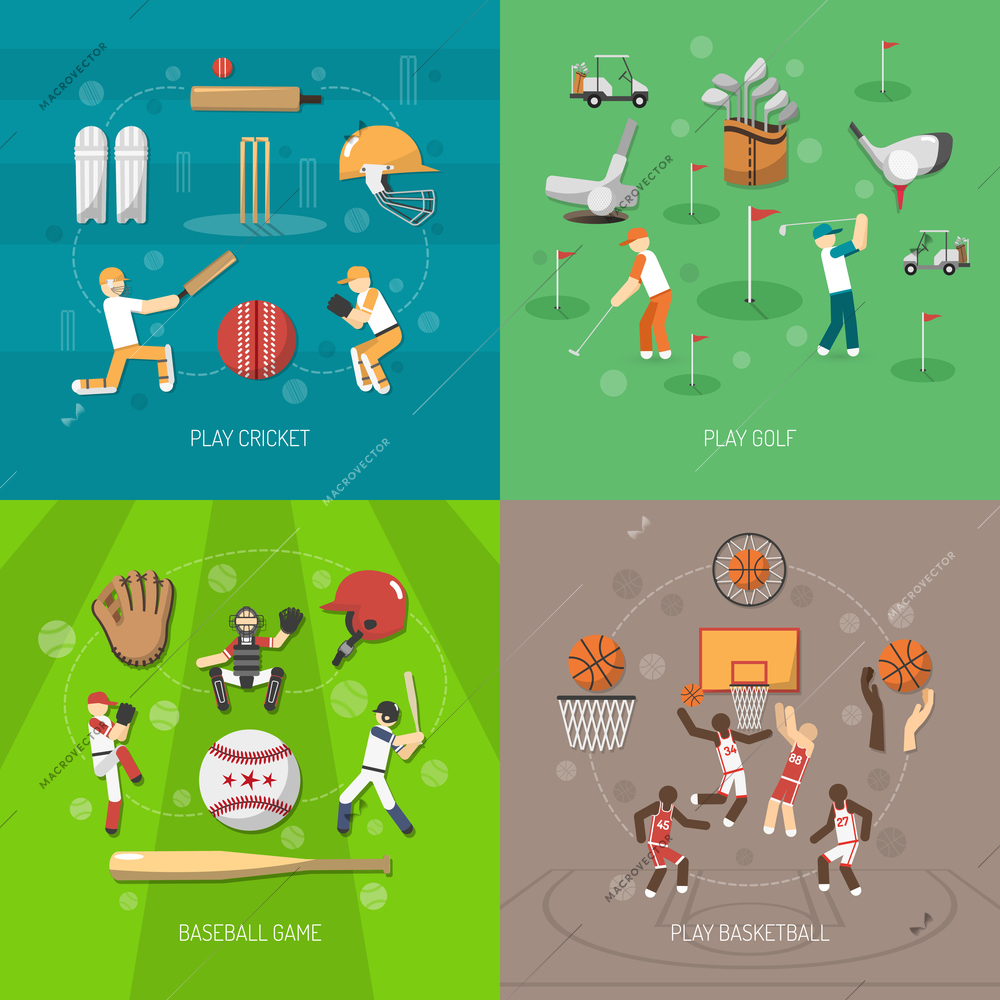 Sport design concept set with cricket golf baseball and basketball game flat icons isolated vector illustration