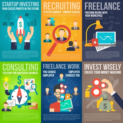 Business mini poster set with startup investing recruiting freelance work promo isolated vector illustration