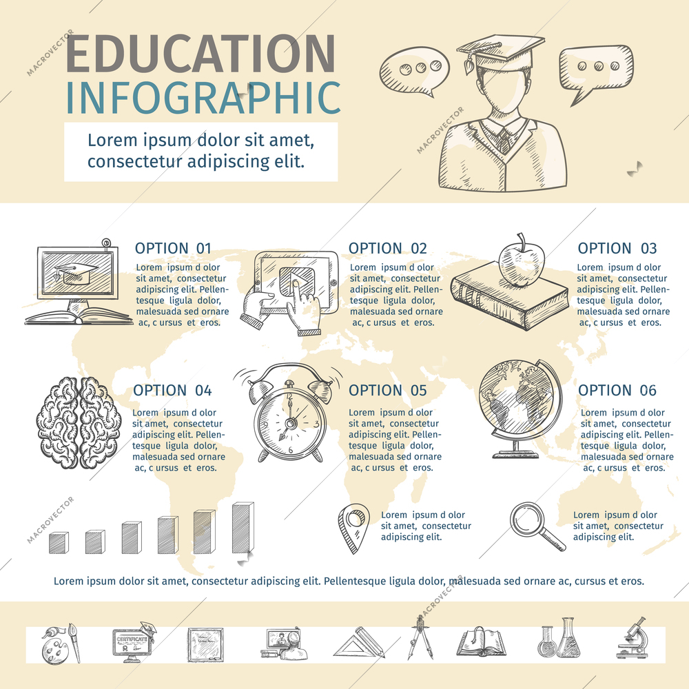 Education infographic set with school study sketch symbols vector illustration