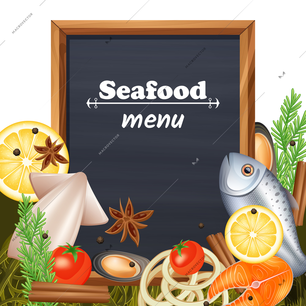 Seafood restaurant menu template with chalkboard and fish delicacy vector illustration