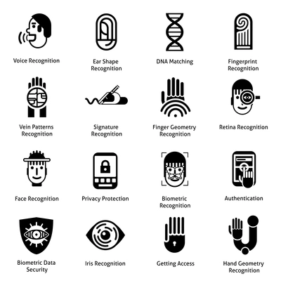 Biometric authentication icons black set with voice ear shape fingerprint recognition symbols isolated vector illustration