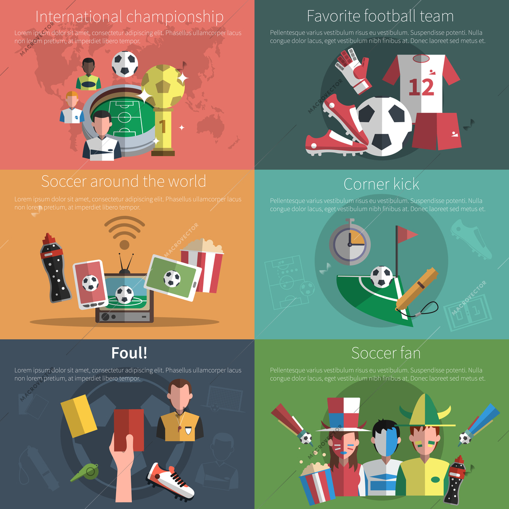 Soccer mini poster set with world championship football fan elements isolated vector illustration