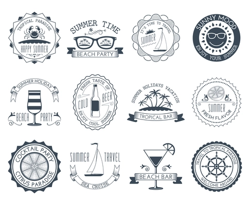 Travel agency summer vacation ocean cruise emblems labels set with yacht sail black abstract isolated vector illustration