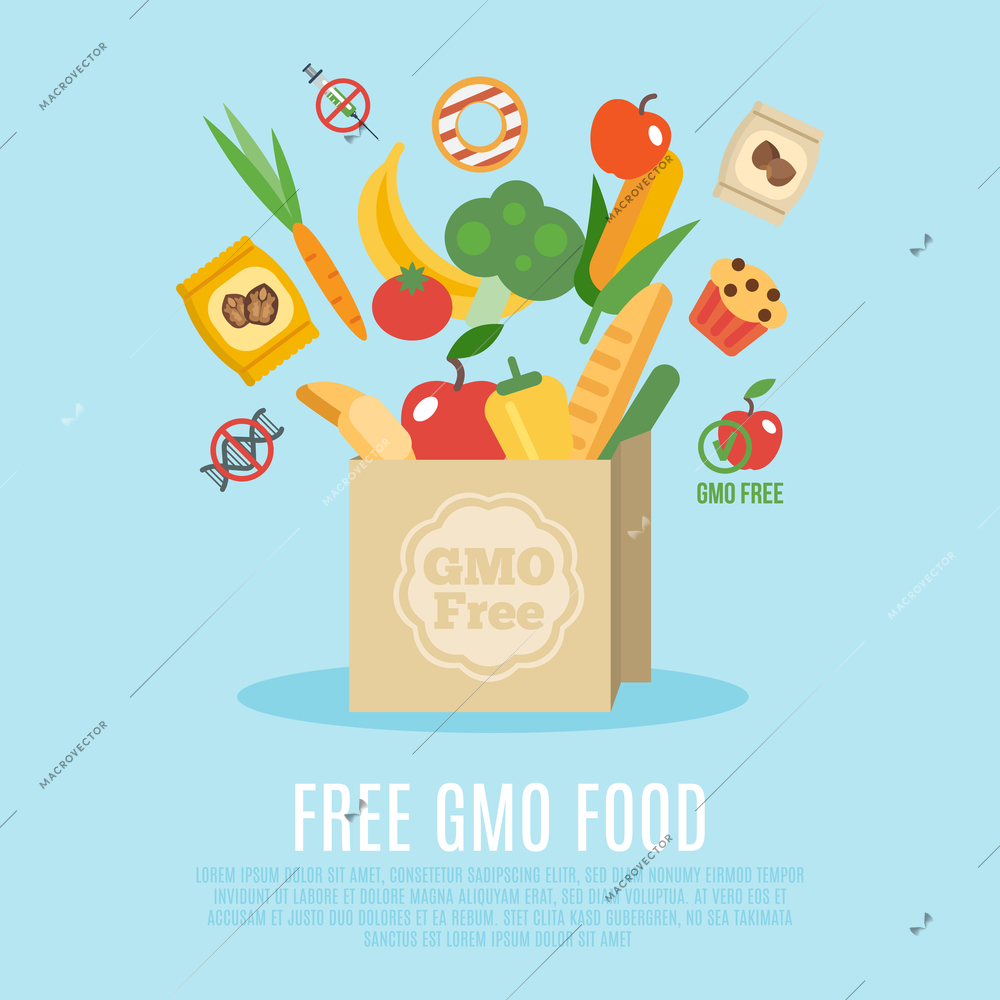 Gmo free concept with flat food products in paper bag vector illustration