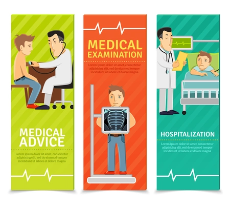 Medical examination vertical banners set with examination advice hospitalization elements isolated vector illustration