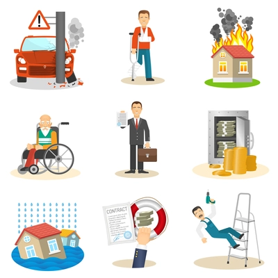 Insurance and risk insured event flat icons set on white background isolated vector illustration