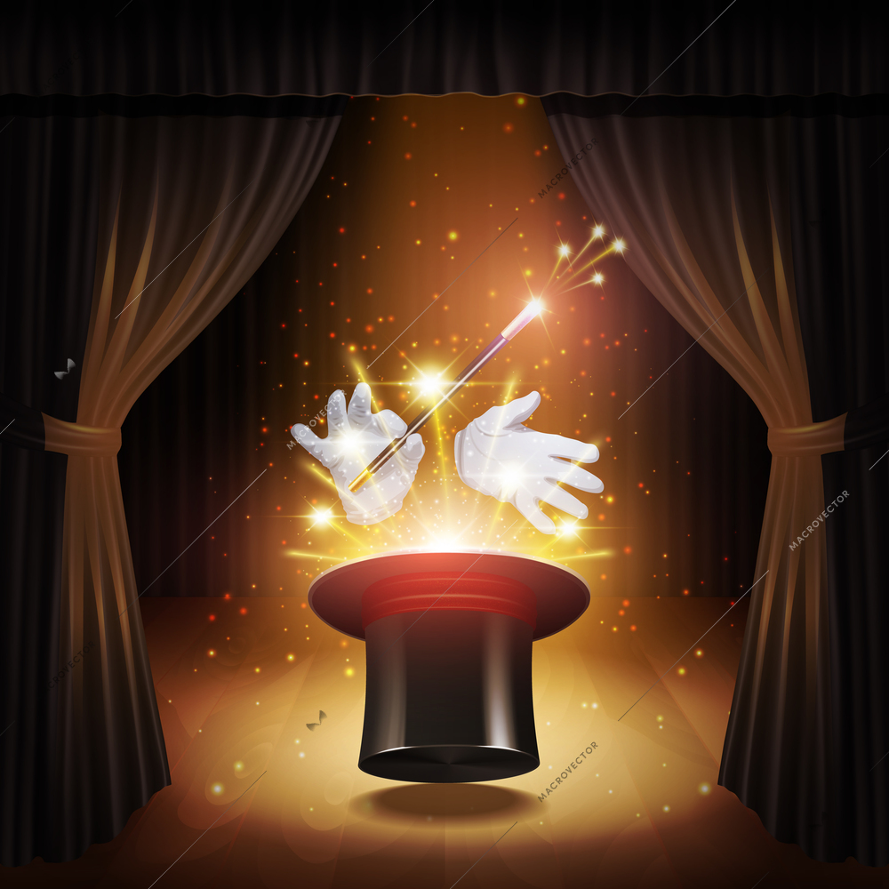 Magic trick poster with realistic magician cylinder gloves and stick with curtains on background vector illustration