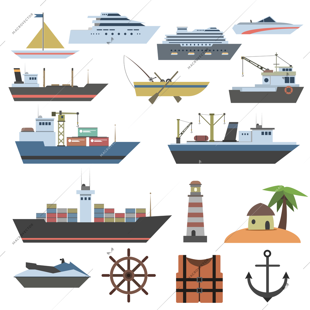 Ships and sailing vessels flat decorative icons set with marine symbols isolated vector illustration