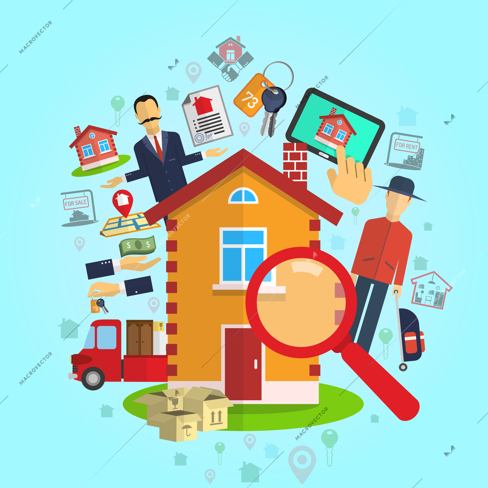 Real estate sale rent agency concept on blue background flat vector illustration