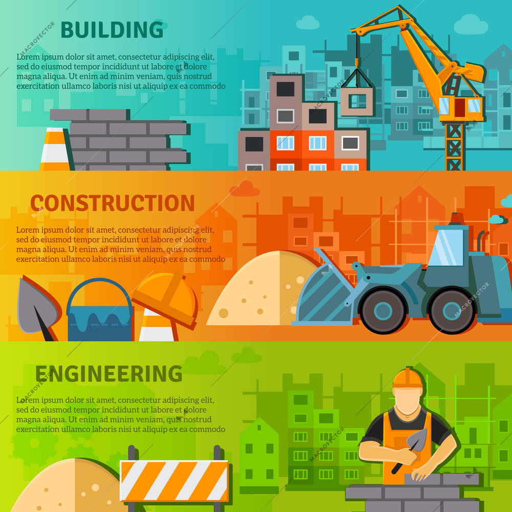 Construction horizontal banner set with building and engineering flat elements isolated vector illustration