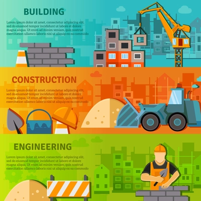 Construction horizontal banner set with building and engineering flat elements isolated vector illustration