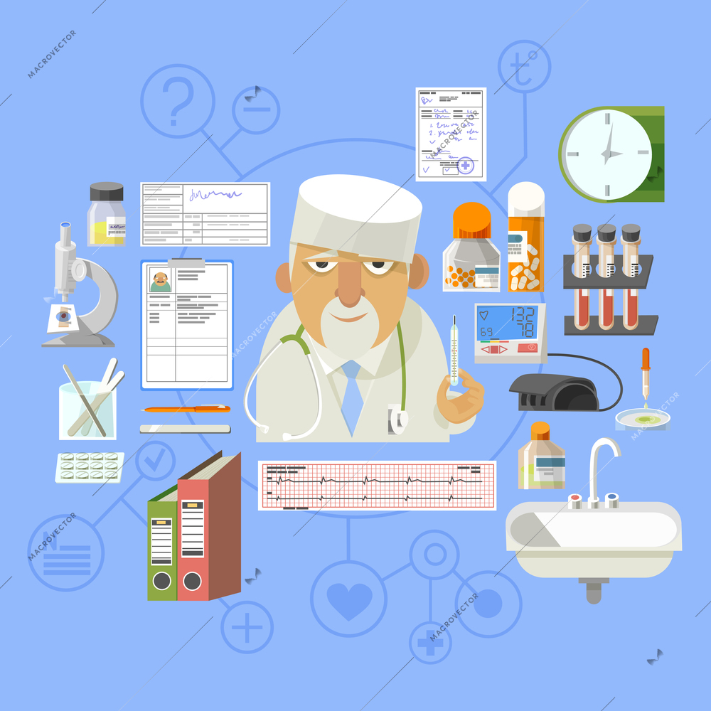 General practitioner medical concept with stethoscope tests results and heart rate pictograms composition poster abstract vector illustration