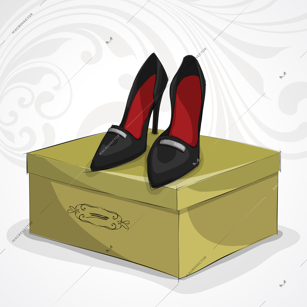 Classic woman's leather black shoes on high heels on yellow gift box vector illustration