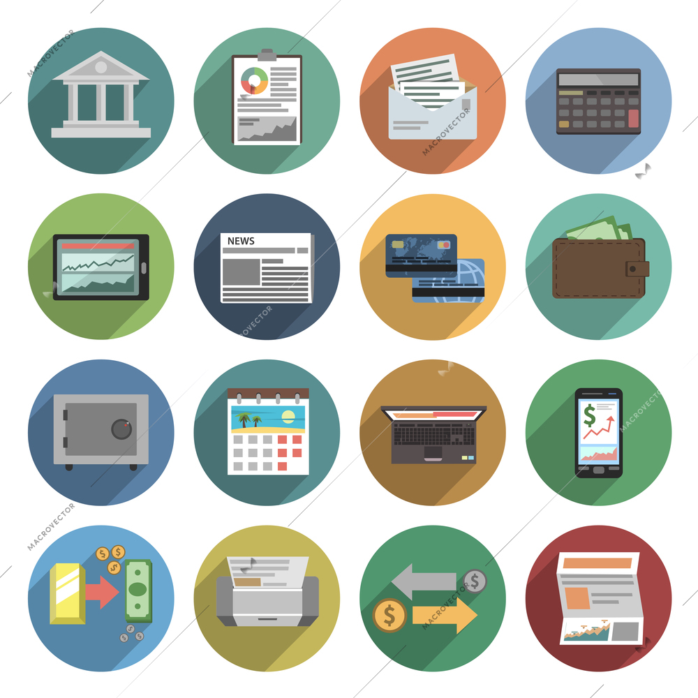 Bank icons flat set with atm money trading finance check isolated vector illustration