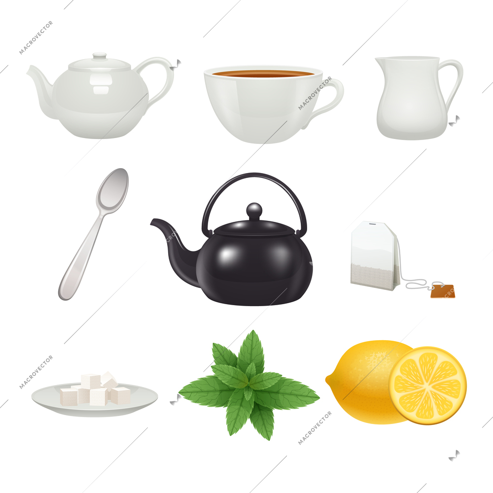 English traditional tea time porcelain cup pot icons set with mint flavor teabag realistic isolated vector illustration