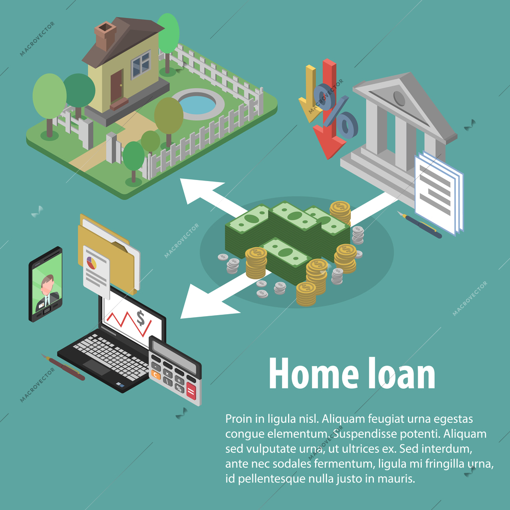 Bank credit and home loan concept with isometric house and financial icons vector illustration