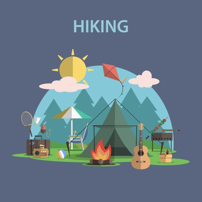 Hiking and outdoor recreation concept with flat camping travel icons vector illustration