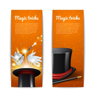 Magic trick vertical banners set with magician cylinder stick and gloves isolated vector illustration