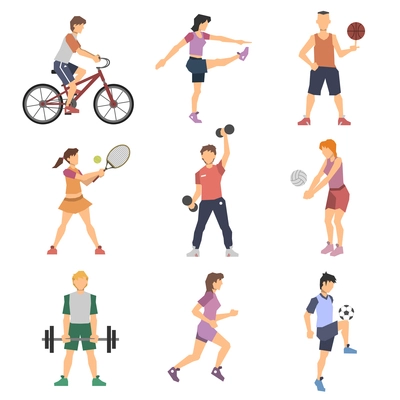 Sport people flat icons set with men and women cycling playing football and tennis isolated vector illustration