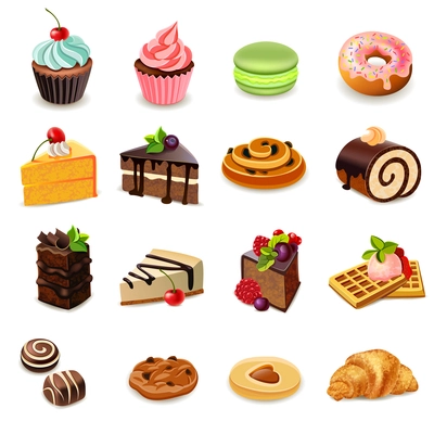 Cakes and sweets decorative icons set with donut cookies cupcake isolated vector illustration