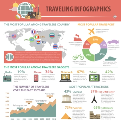 Summer infographics set with traveling symbols and charts vector illustration