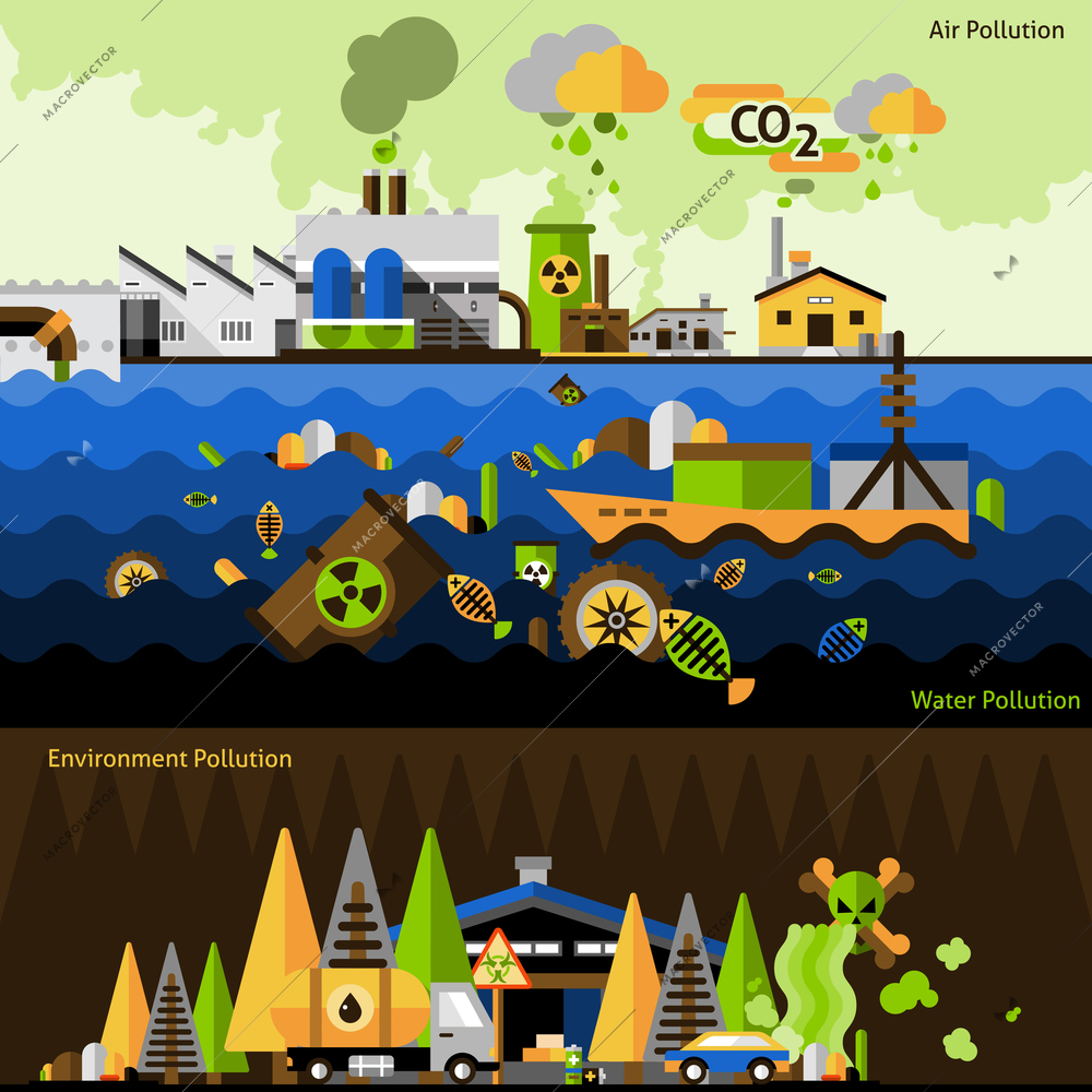 Pollution horizontal banners set with air water environment elements isolated vector illustration