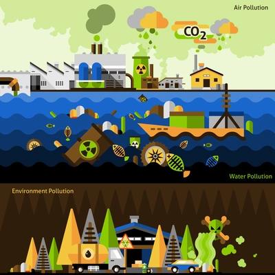 Pollution horizontal banners set with air water environment elements isolated vector illustration