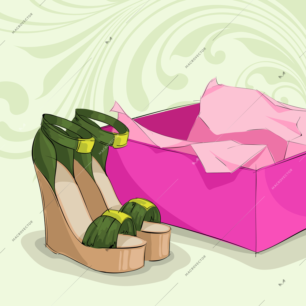 Modern woman's green sandals with gold buckles near pink present box vector illustration