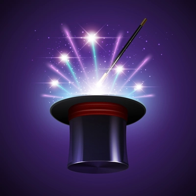 Magic show background with realistic magician hat stick and fireworks vector illustration