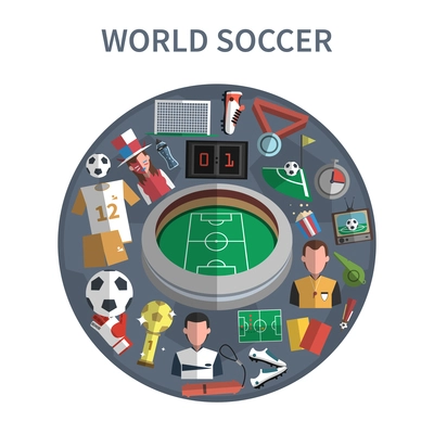 Soccer game concept with sport symbols on circle stadium flat vector illustration