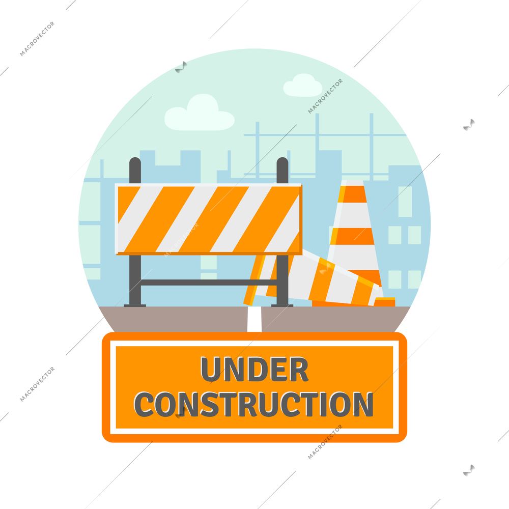 Website improvement under construction flat icon with traffic barrier and cone vector illustration