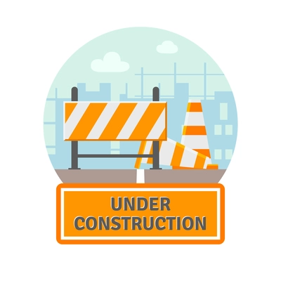 Website improvement under construction flat icon with traffic barrier and cone vector illustration