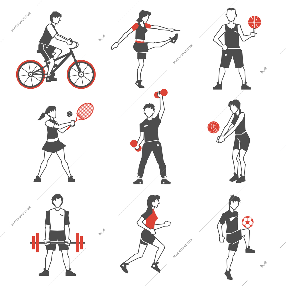 People playing sport games and doing fitness icon black set isolated vector illustration