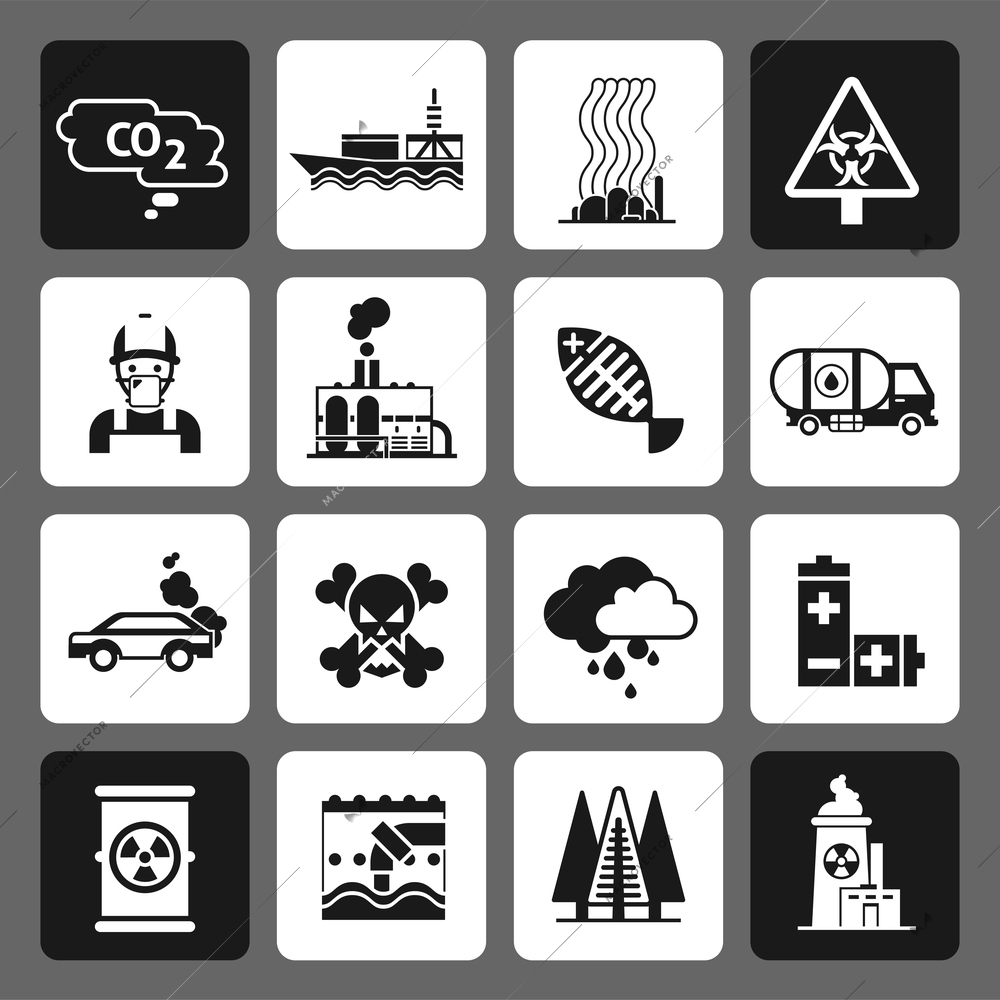 Pollution dangerous earth damage icons black set isolated vector illustration