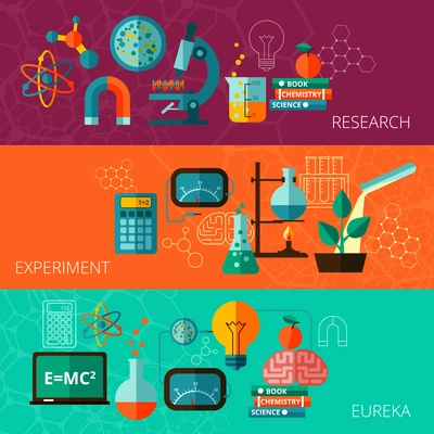 Chemistry and physics scientific research experiment eureka moment concept  flat horizontal banners set abstract isolated vector illustration