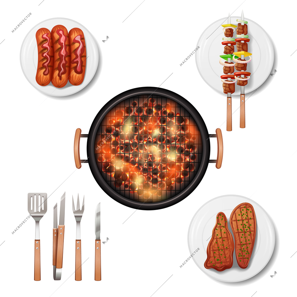 Bbq grill decorative icons set with realistic food isolated vector illustration