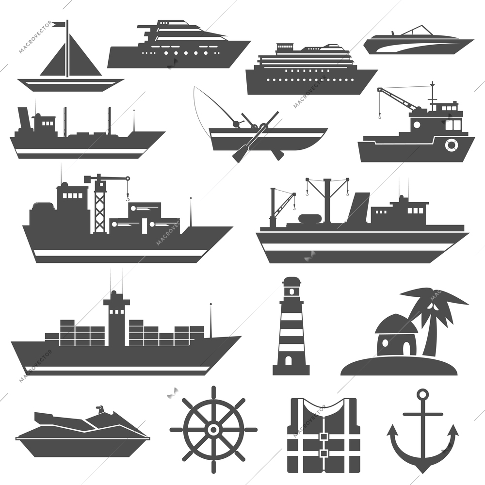 Ship icon black set with sailing cargo cruise vessels isolated vector illustration