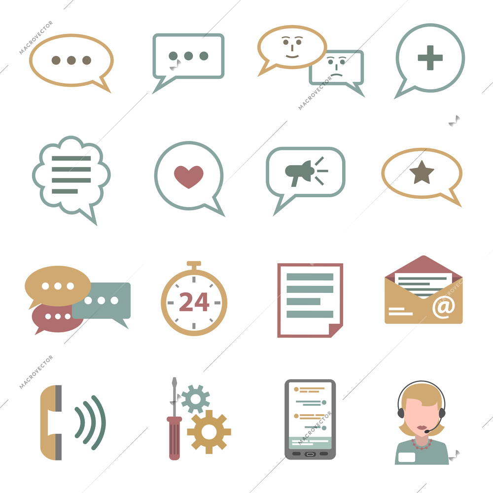 Chat social communication and tech support icons flat set isolated vector illustration