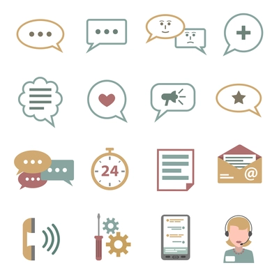 Chat social communication and tech support icons flat set isolated vector illustration