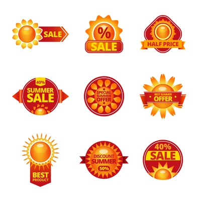 Summer sale with special offers red yellow sun design labels set flat isolated vector illustration