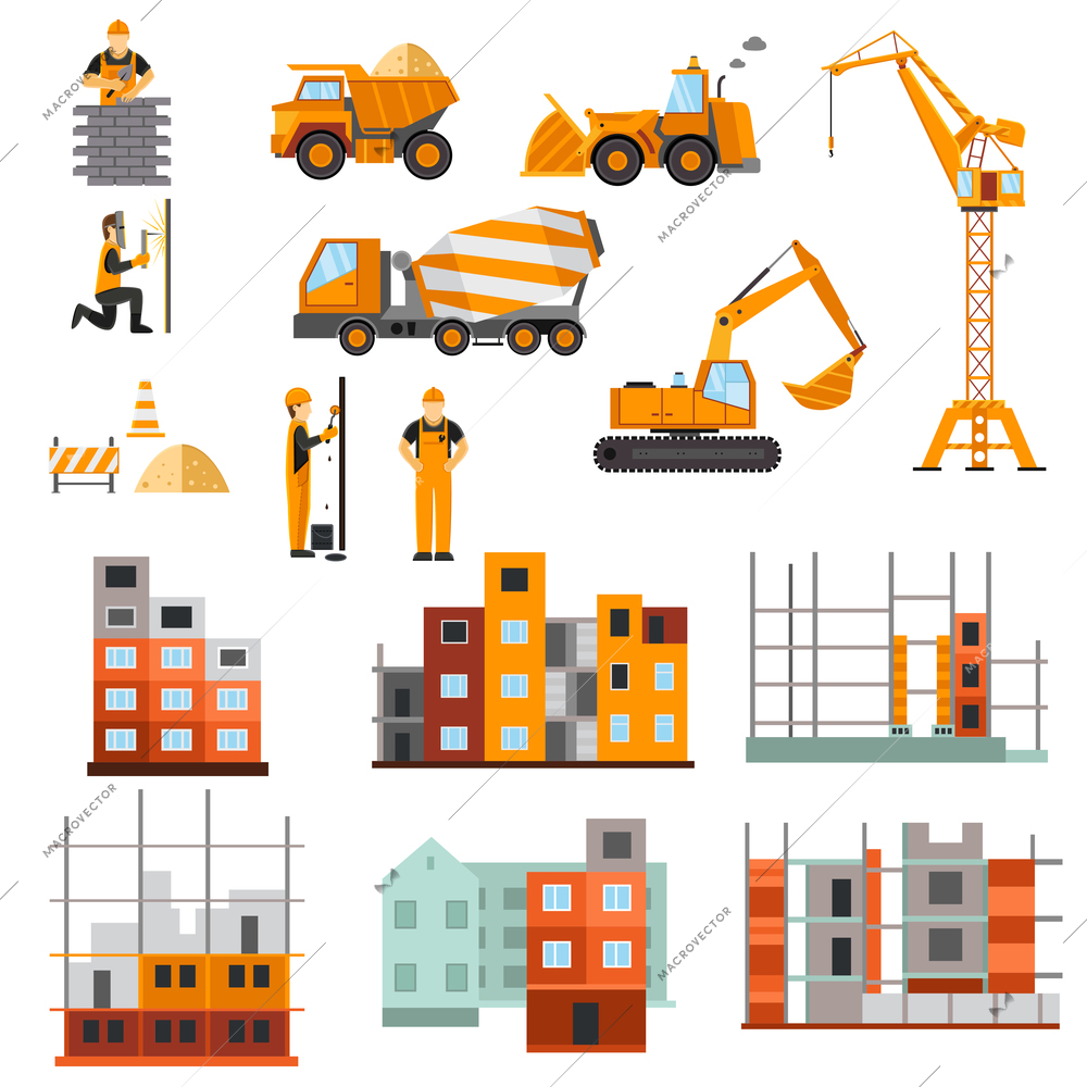 Construction machines builders and house building process decorative icons flat set isolated vector illustration