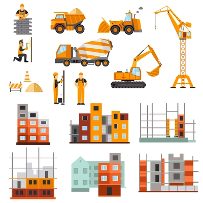 Construction machines builders and house building process decorative icons flat set isolated vector illustration