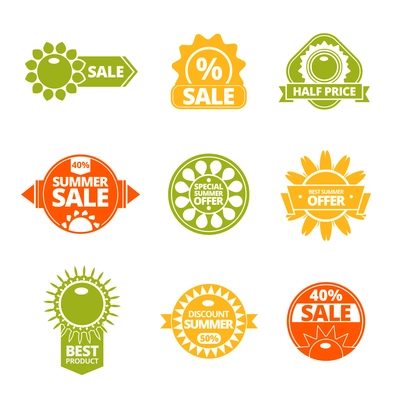 Summer discounts with best price red yellow green labels set flat isolated vector illustration