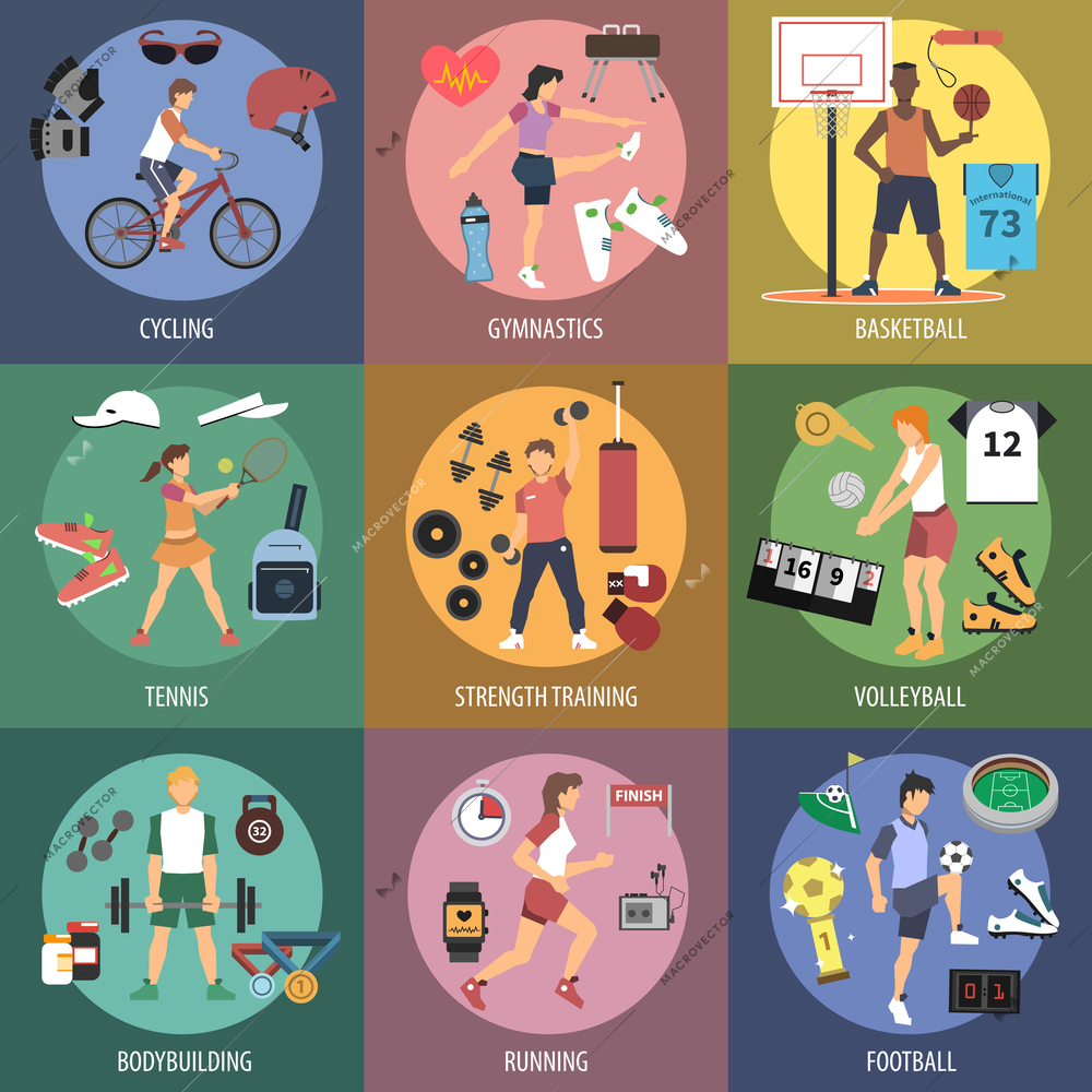 Sport people design concepts set with cycling gymnastics basketball flat icons isolated vector illustration