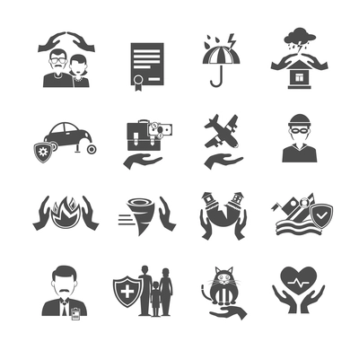 Insurance icons black set with family health property and finance protection symbols isolated vector illustration