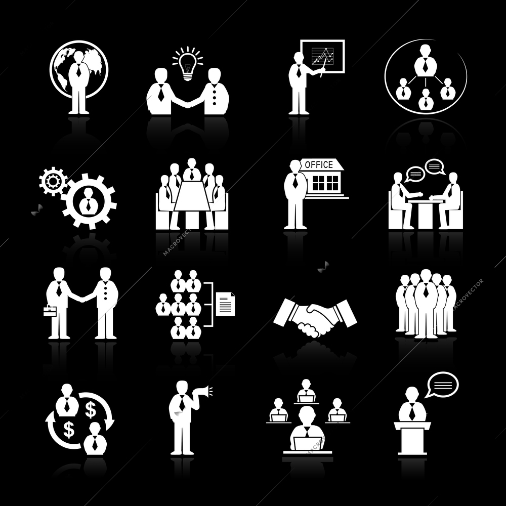 Business team meeting at office conference presentation icons set isolated vector illustration