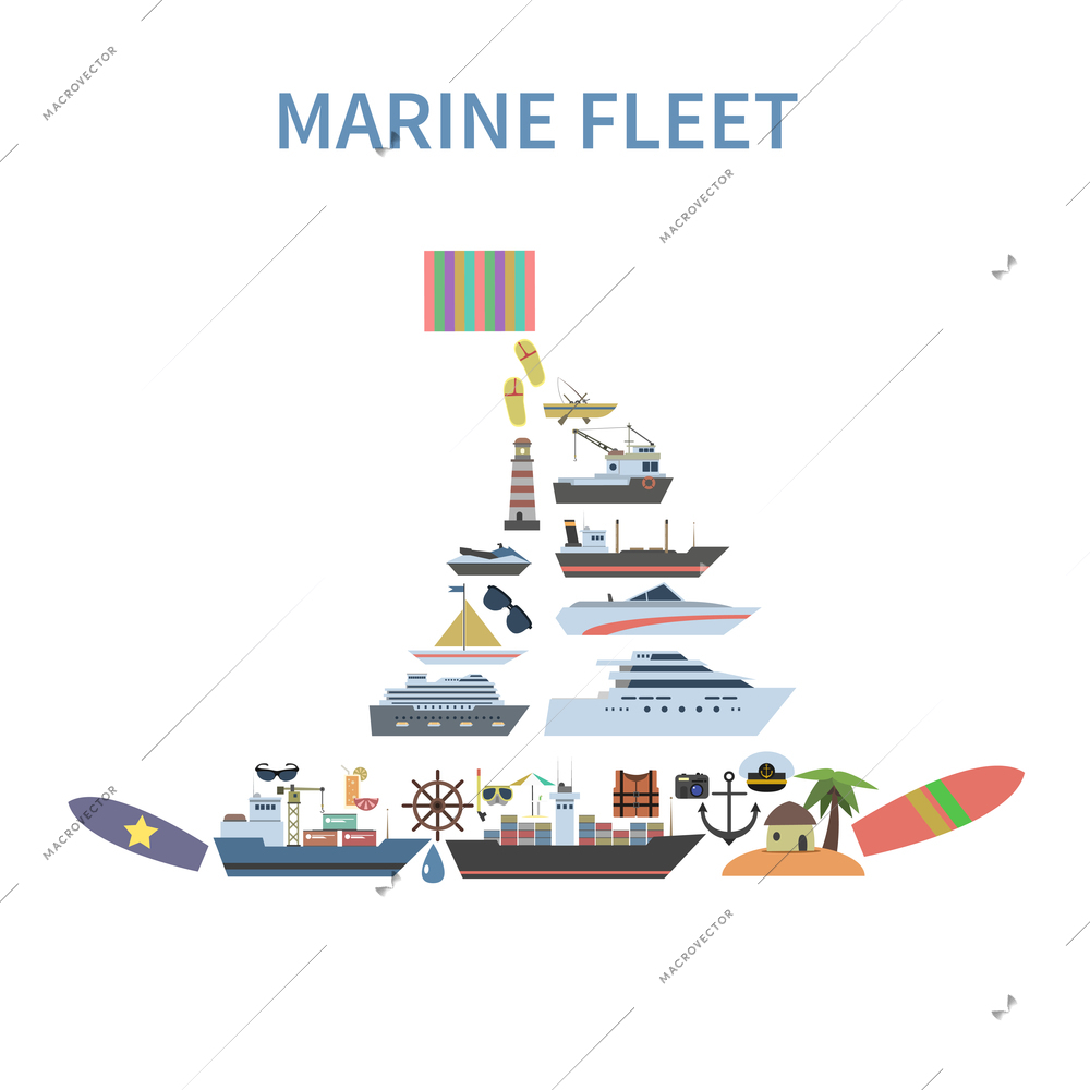 Ship concept with flat marine and sailing symbols in yacht shape vector illustration