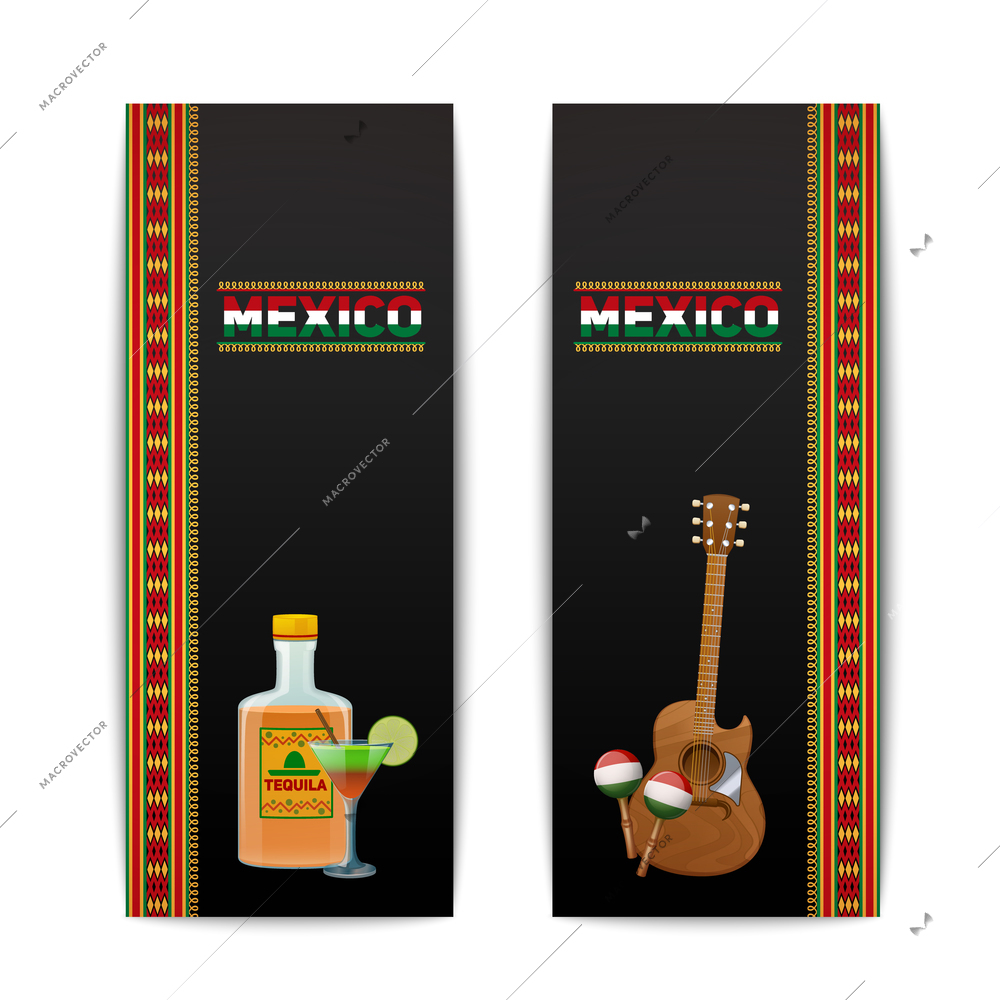 Mexican banners vertical set with tequila cocktail maraca and guitar isolated vector illustration