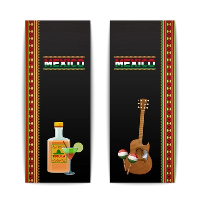 Mexican banners vertical set with tequila cocktail maraca and guitar isolated vector illustration