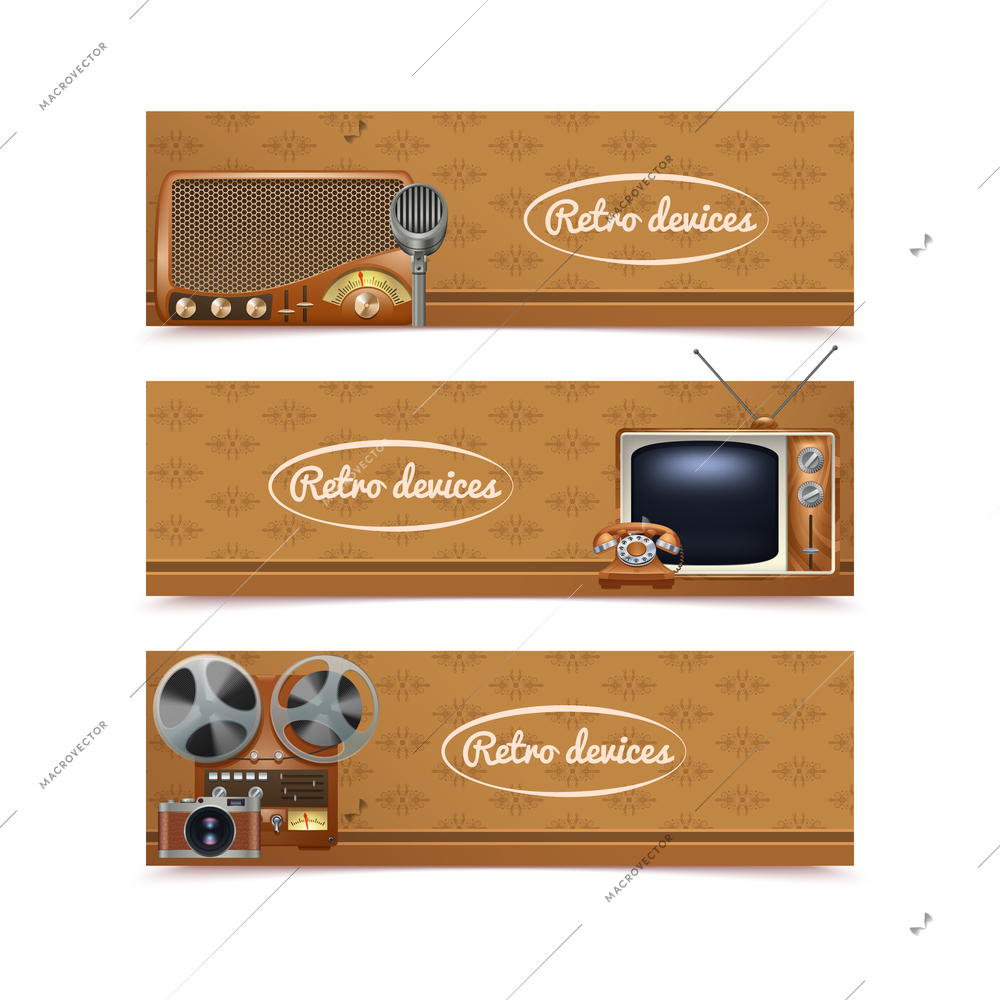 Retro devices banners set with vintage radio tv and photo camera isolated vector illustration